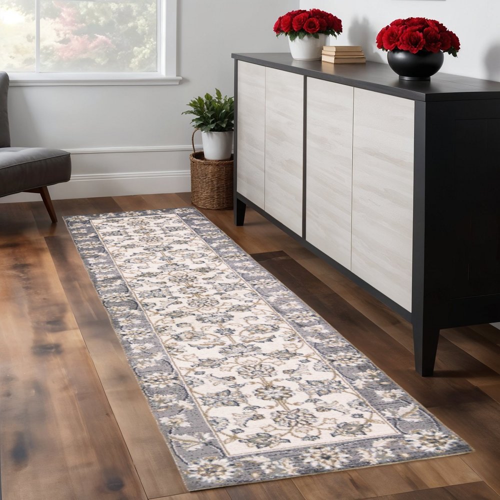 5' X 8' Ivory And Gray Floral Medallion Area Rug