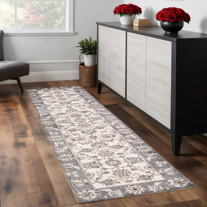 8' Gray And Ivory Floral Medallion Runner Rug