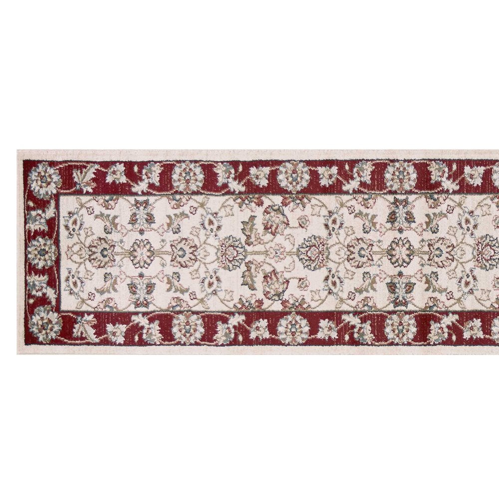 8' Ivory And Red Floral Medallion Runner Rug
