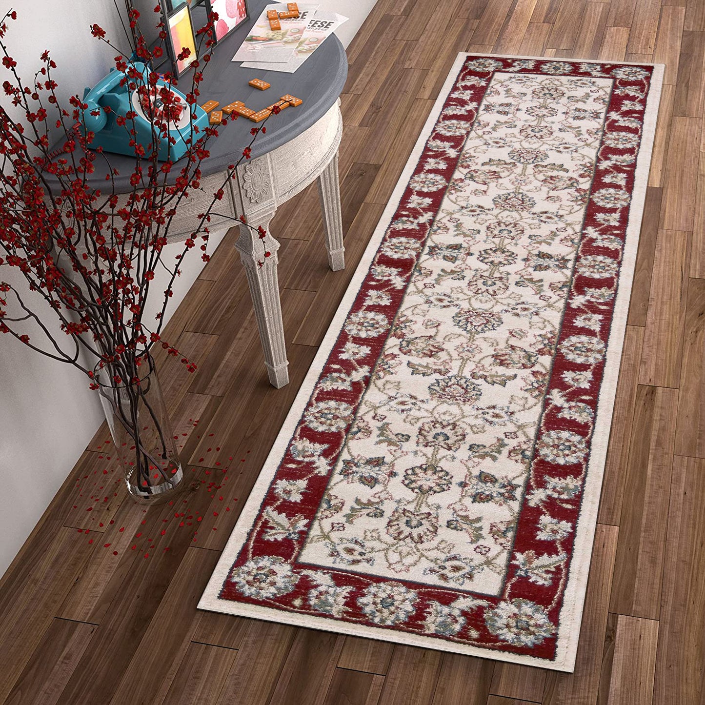 5' X 8' Ivory Red Bordered Floral Indoor Area Rug