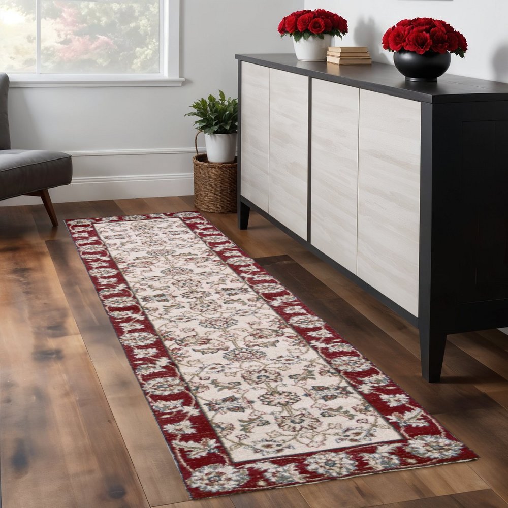 8' Ivory And Red Floral Medallion Runner Rug