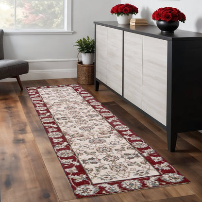 8' Ivory And Red Floral Medallion Runner Rug