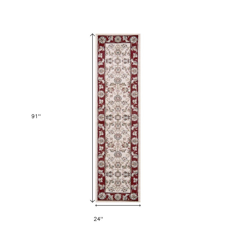 8' Ivory And Red Floral Medallion Runner Rug