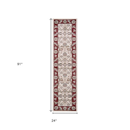 8' Ivory And Red Floral Medallion Runner Rug