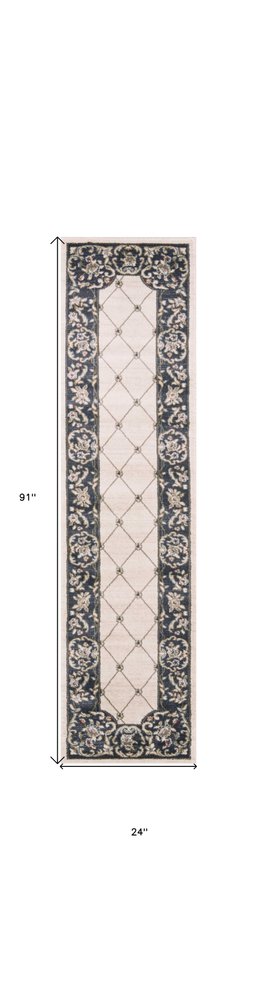 8' Ivory And Gray Floral Runner Rug
