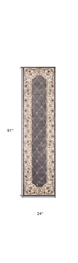 8' Gray And Ivory Floral Runner Rug