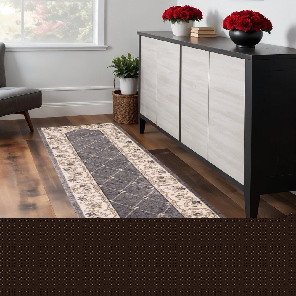 8' Gray And Ivory Floral Runner Rug