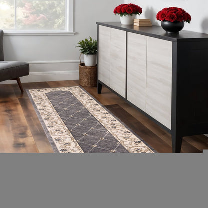 8' Gray And Ivory Floral Runner Rug