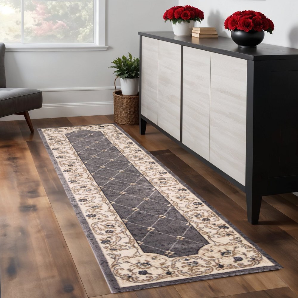 8' Gray And Ivory Floral Runner Rug