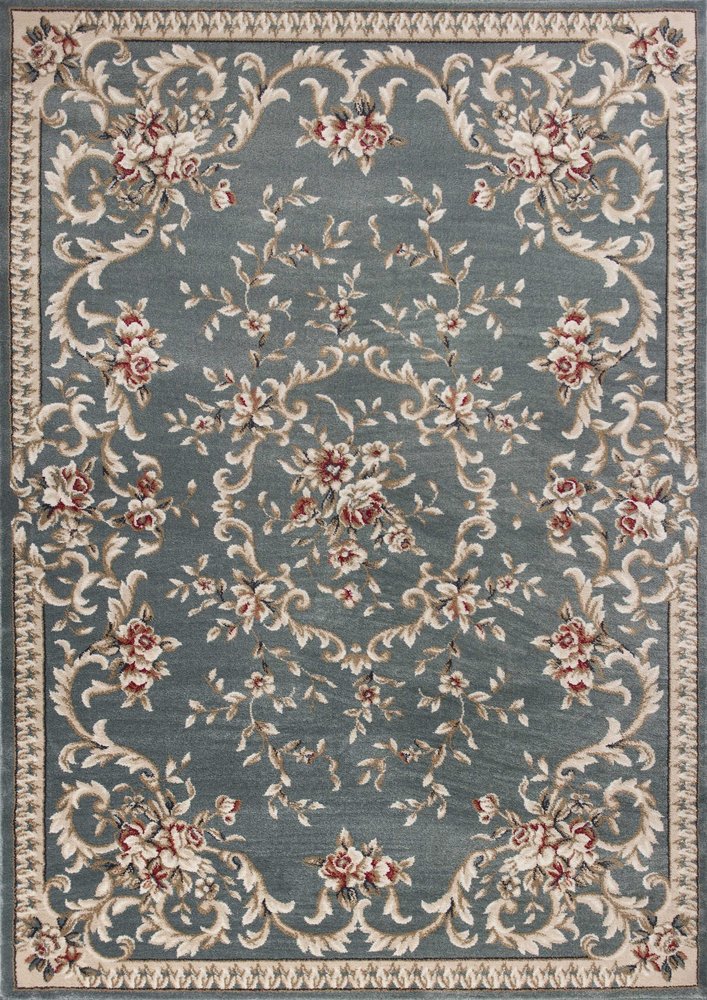 5' X 8' Slate Blue Red And Ivory Floral Medallion Area Rug