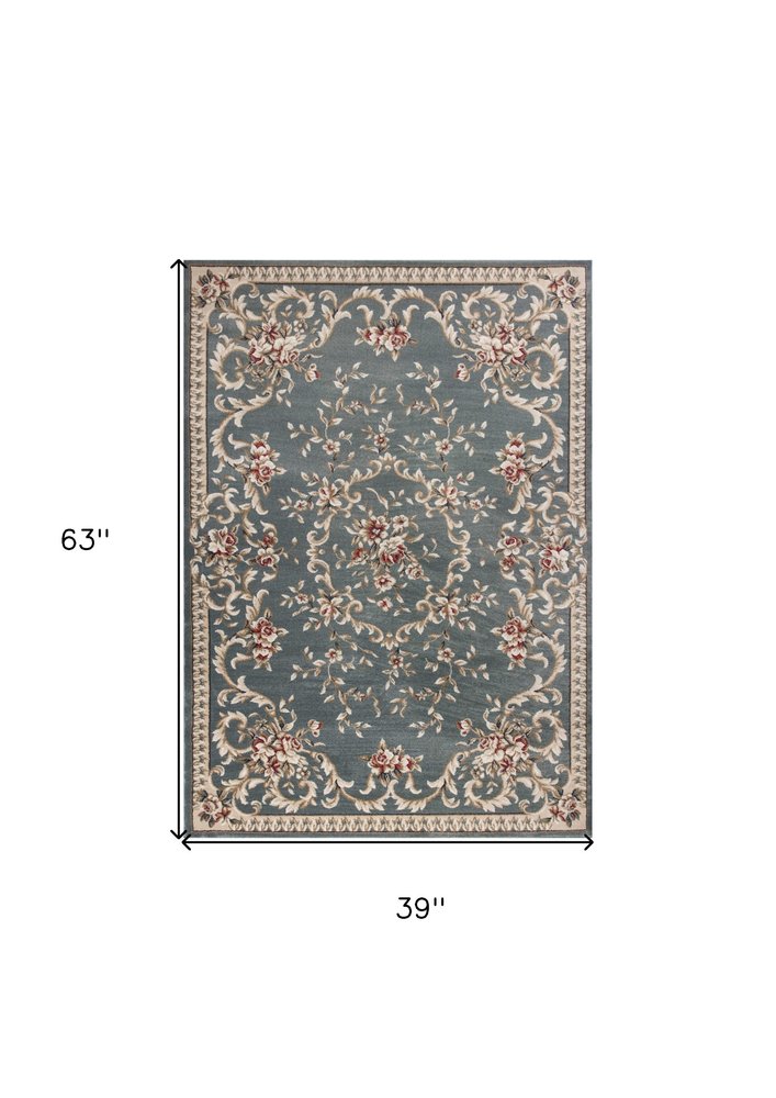 5' X 8' Slate Blue Red And Ivory Floral Medallion Area Rug