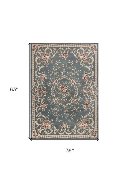 5' X 8' Slate Blue Red And Ivory Floral Medallion Area Rug