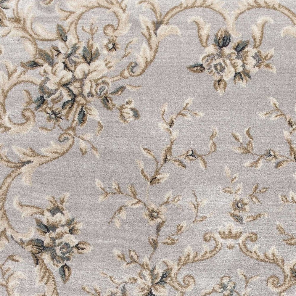 5' X 8' Light Gray Green And Tan Floral Medallion Area Rug