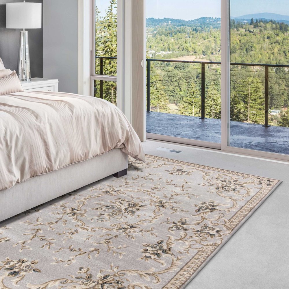 3' X 5' Light Gray Green And Tan Floral Medallion Area Rug