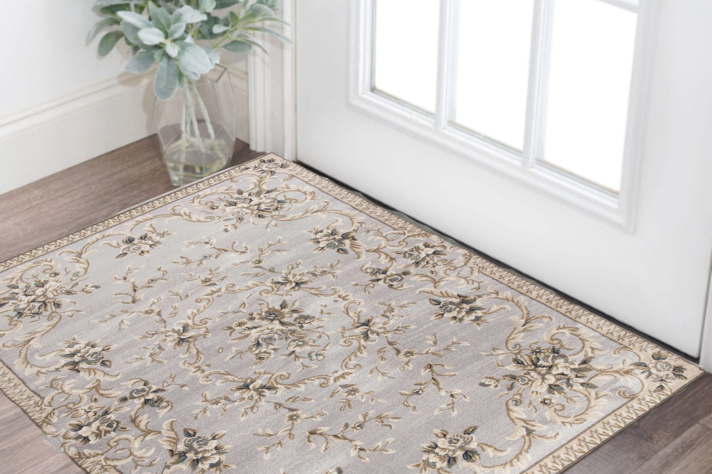 5' X 8' Light Grey Floral Vines Bordered Area Rug