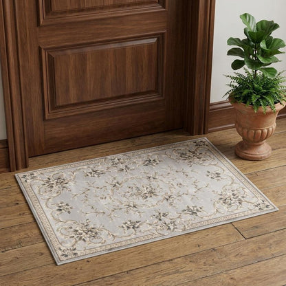 5' X 8' Light Gray Green And Tan Floral Medallion Area Rug