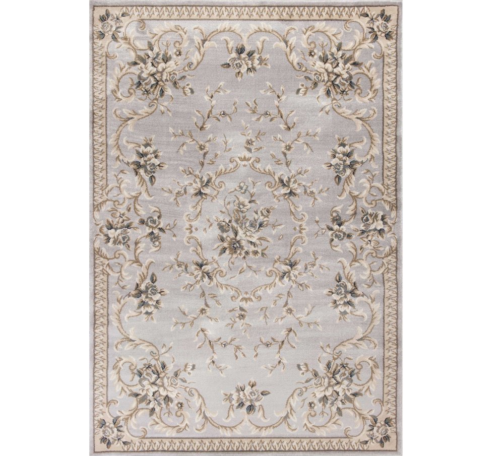 5' X 8' Light Gray Green And Tan Floral Medallion Area Rug