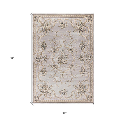 5' X 8' Light Grey Floral Vines Bordered Area Rug