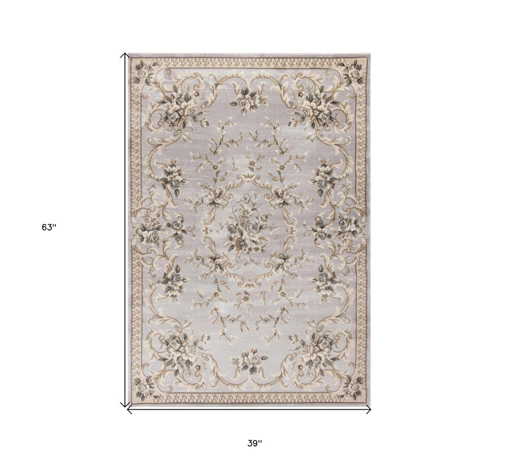 3' X 5' Light Gray Green And Tan Floral Medallion Area Rug
