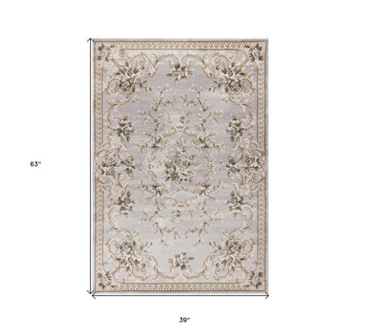 3' X 5' Light Gray Green And Tan Floral Medallion Area Rug