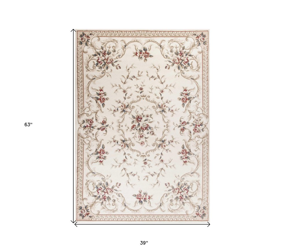 5' X 8' Ivory Red And Green Floral Medallion Area Rug