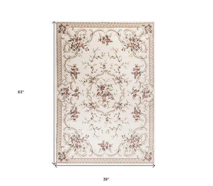 5' X 8' Ivory Red And Green Floral Medallion Area Rug