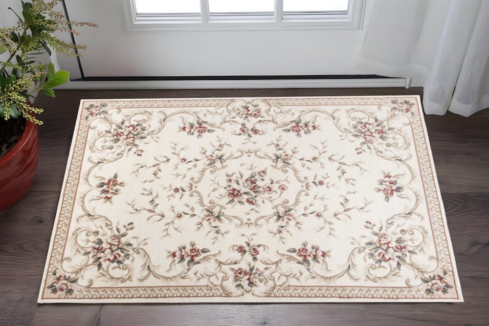 5' X 8' Ivory Red And Green Floral Medallion Area Rug