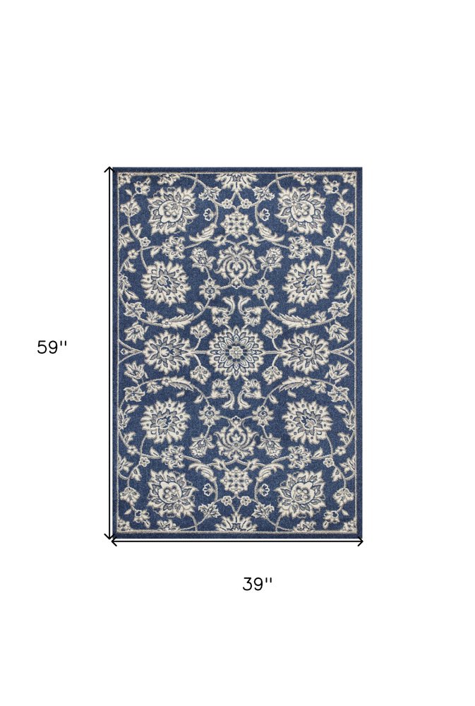3' X 5' Blue And Ivory Floral Medallion Area Rug
