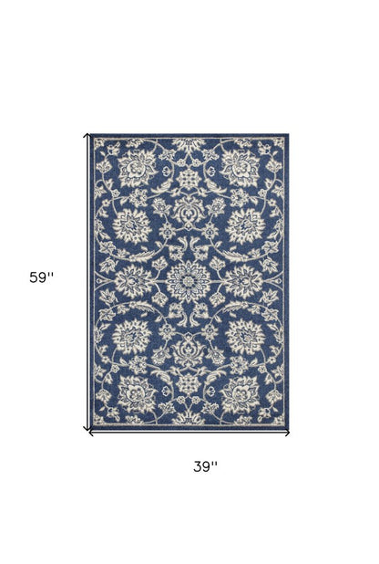 3' X 5' Blue And Ivory Floral Medallion Area Rug