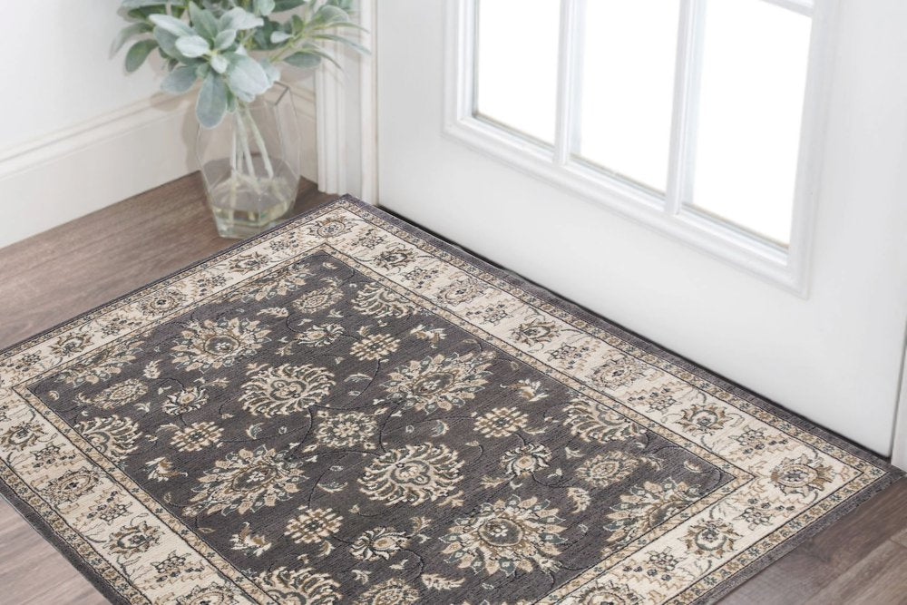 3' X 5' Gray And Ivory Floral Medallion Area Rug