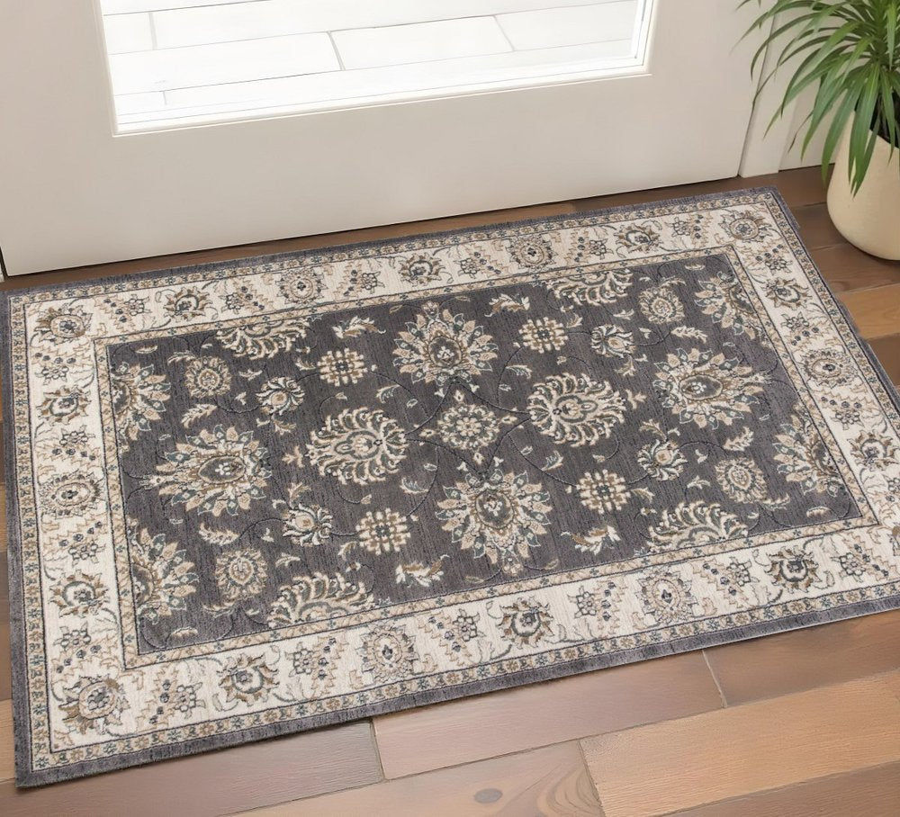 8' Gray And Ivory Floral Medallion Runner Rug