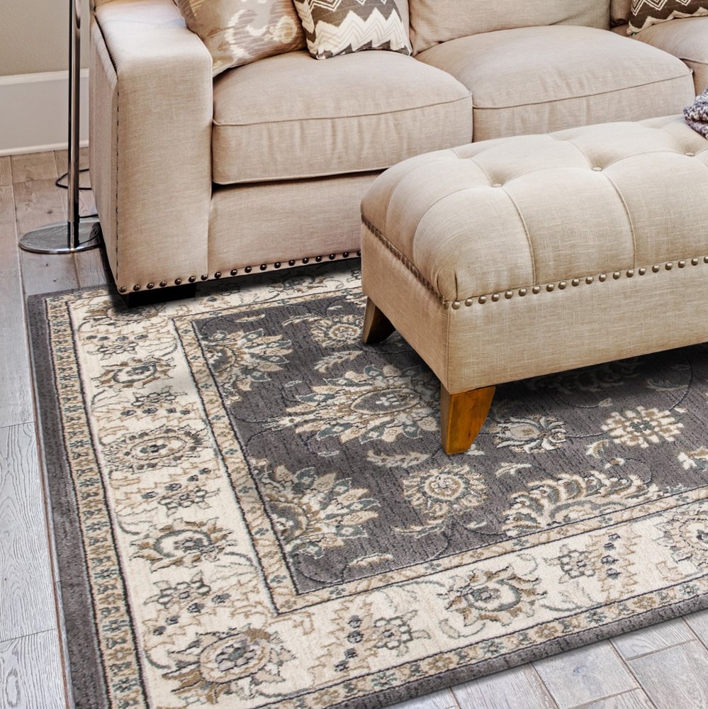 8' Gray And Ivory Floral Medallion Runner Rug