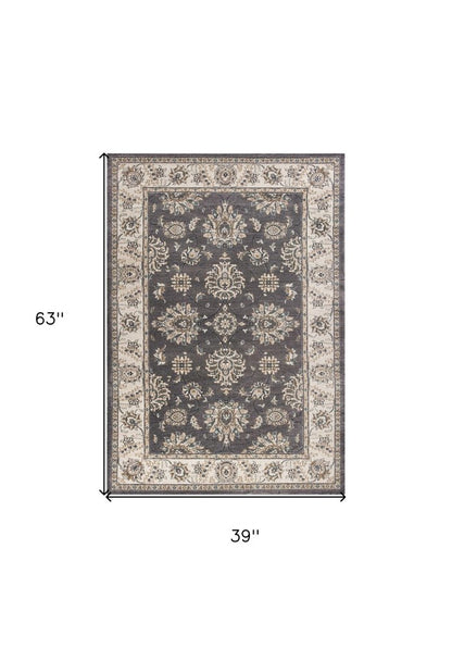3' X 5' Gray And Ivory Floral Medallion Area Rug