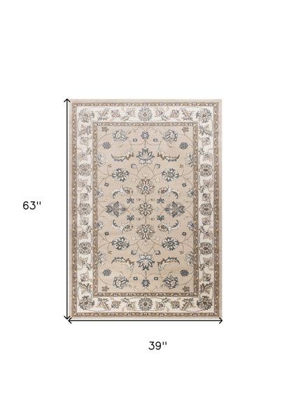 5' X 8' Beige Ivory Bordered Floral Indoor Area Rug