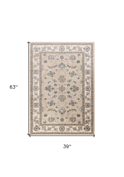 3' X 5' Beige And Ivory Floral Medallion Area Rug