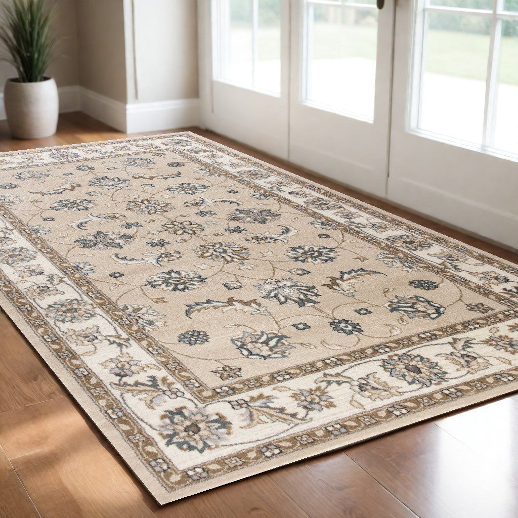 5' X 8' Beige Ivory Bordered Floral Indoor Area Rug