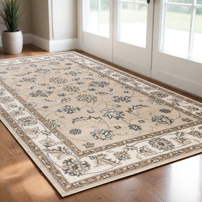 5' X 8' Beige Ivory Bordered Floral Indoor Area Rug