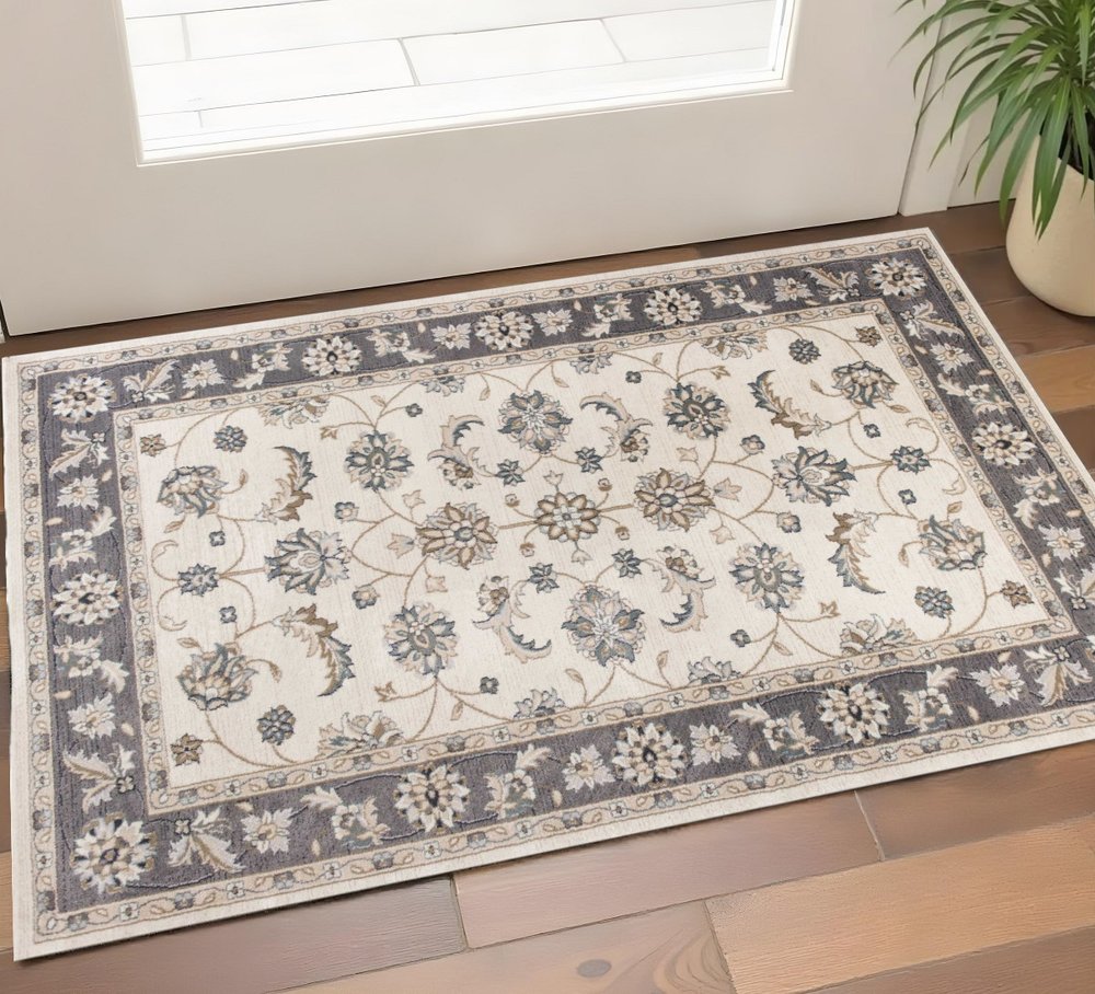 8' Gray And Ivory Floral Medallion Runner Rug
