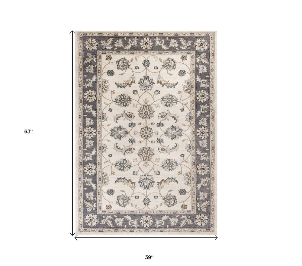 3' X 5' Gray And Ivory Floral Medallion Area Rug