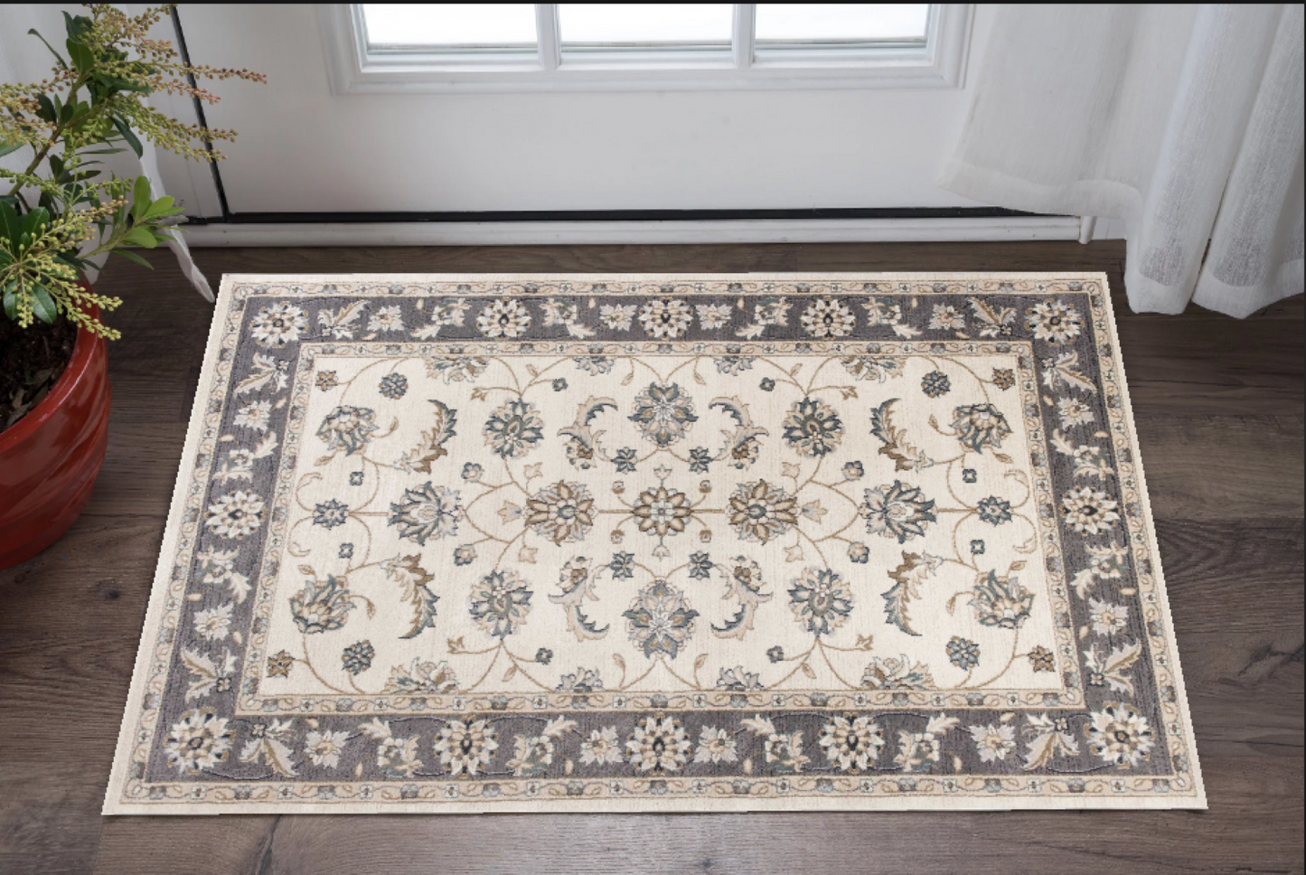 5' X 8' Ivory Or Grey Floral Vines Bordered Area Rug