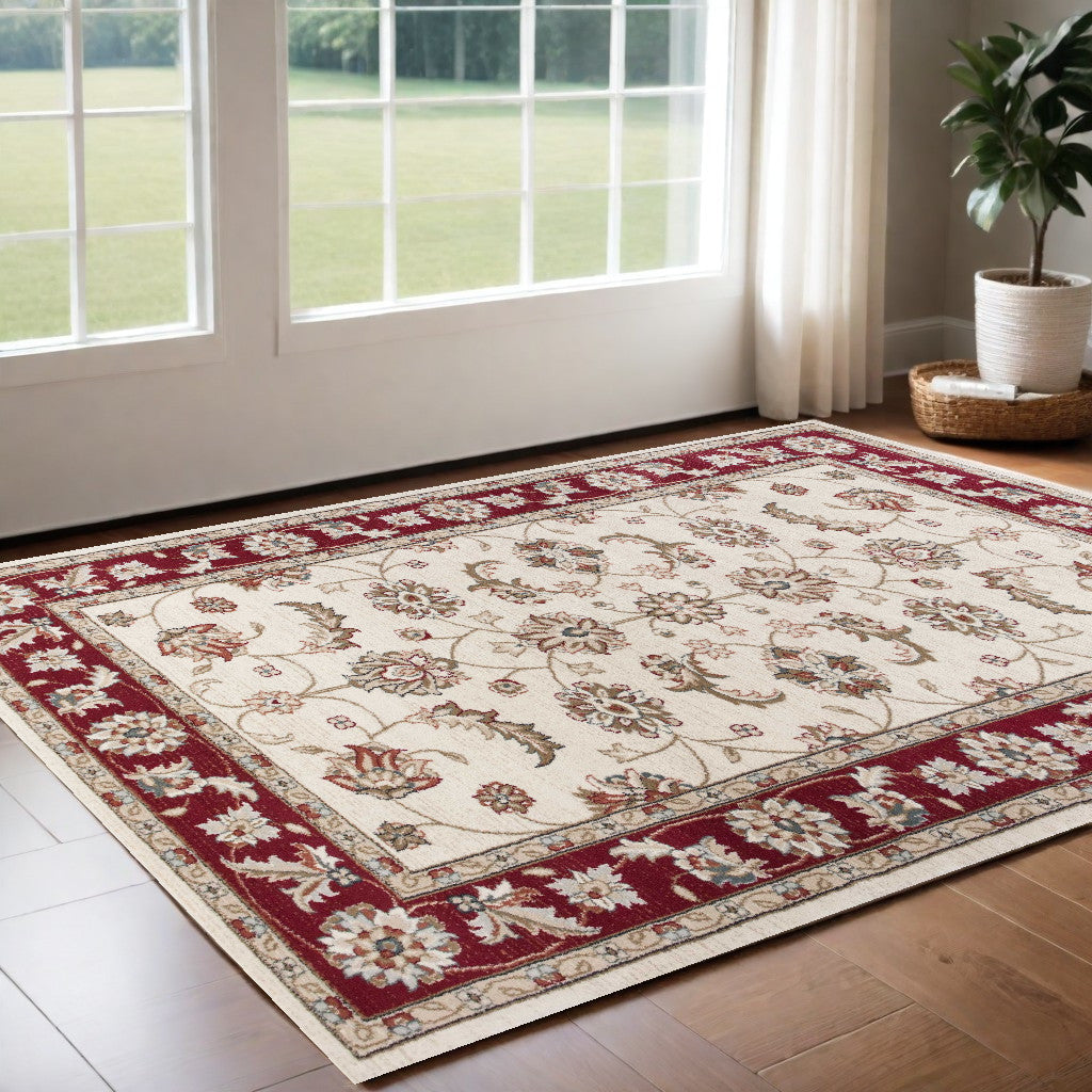 5' X 8' Ivory Red Bordered Floral Indoor Area Rug