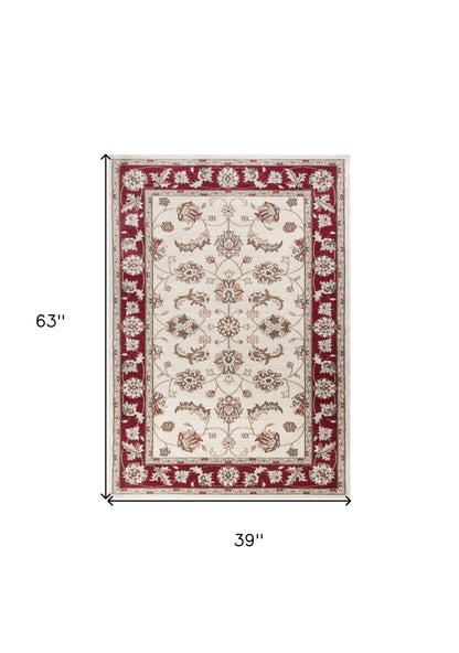 5' X 8' Ivory Red Bordered Floral Indoor Area Rug