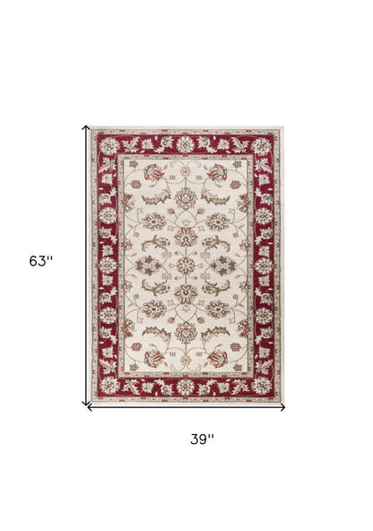 5' X 8' Ivory And Red Floral Medallion Area Rug