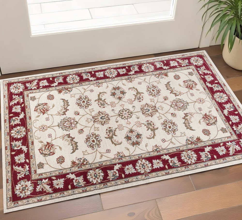 8' Ivory And Red Floral Medallion Runner Rug