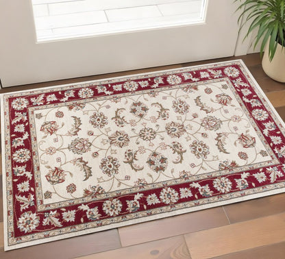 8' Ivory And Red Floral Medallion Runner Rug