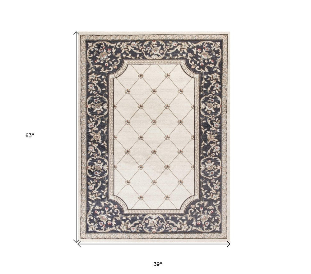 5' X 8' Ivory And Gray Floral Area Rug