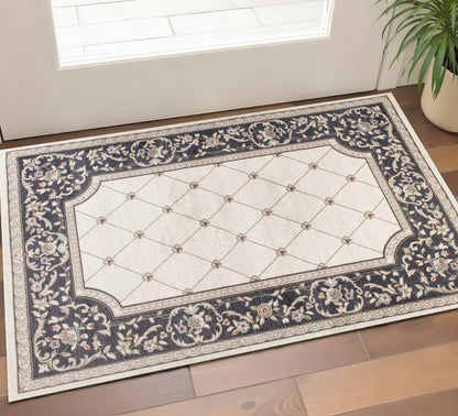 8' Ivory And Gray Floral Runner Rug