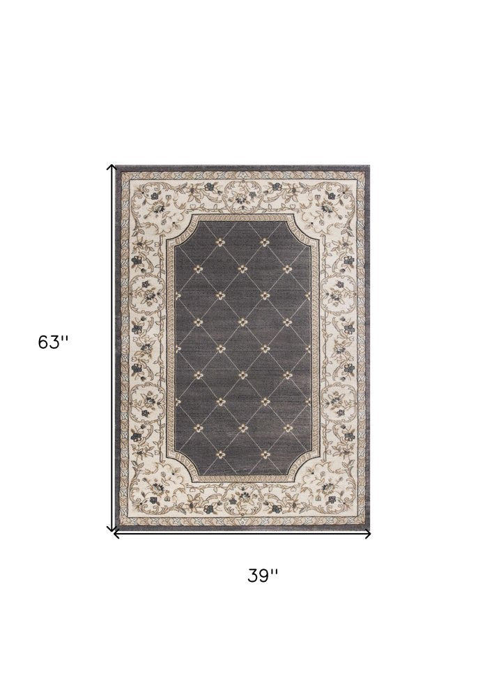 3' X 5' Gray And Ivory Floral Area Rug