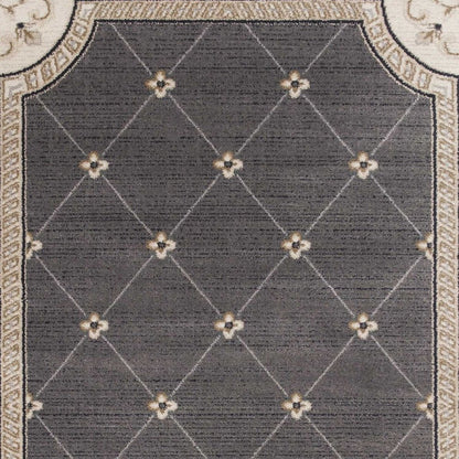8' Gray And Ivory Floral Runner Rug