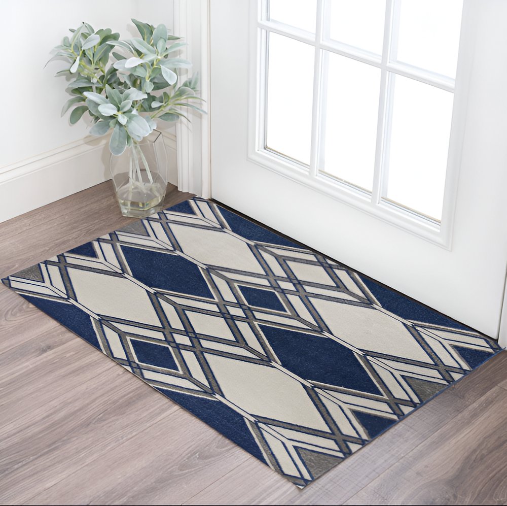 3' X 5' Blue Ivory And Gray Geometric Area Rug